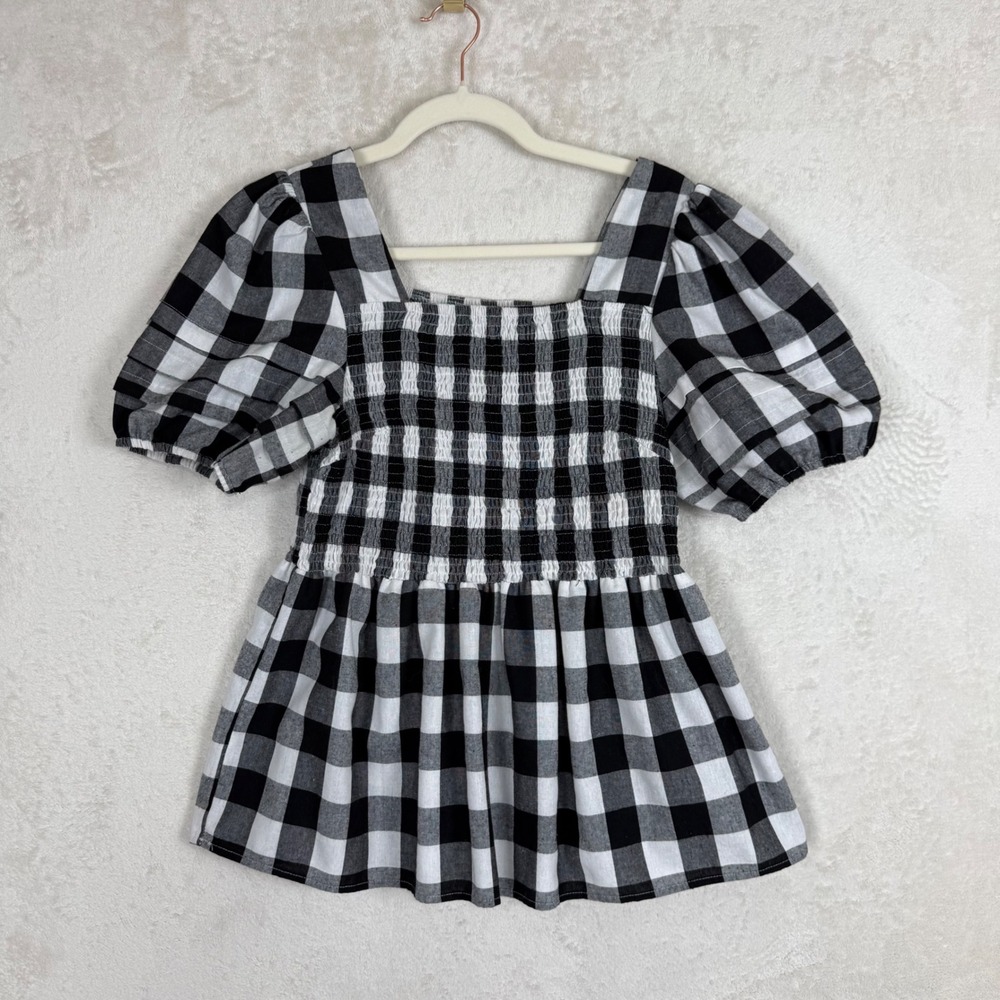 Gingham Smocked Babydoll Top Puff Sleeve Cottagecore Picnic Chic Blouse Size L